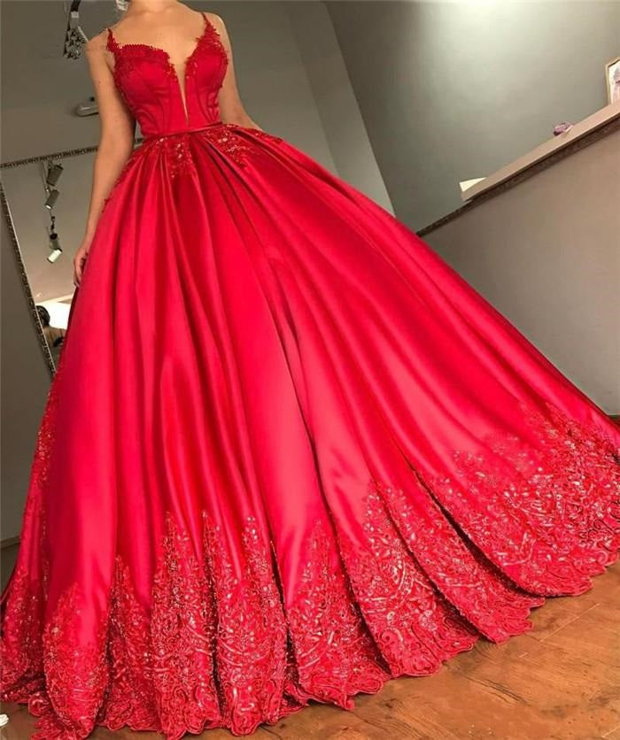 Backless Spaghetti Straps V Neck Red A-line Long Evening Prom Dresses, 17639