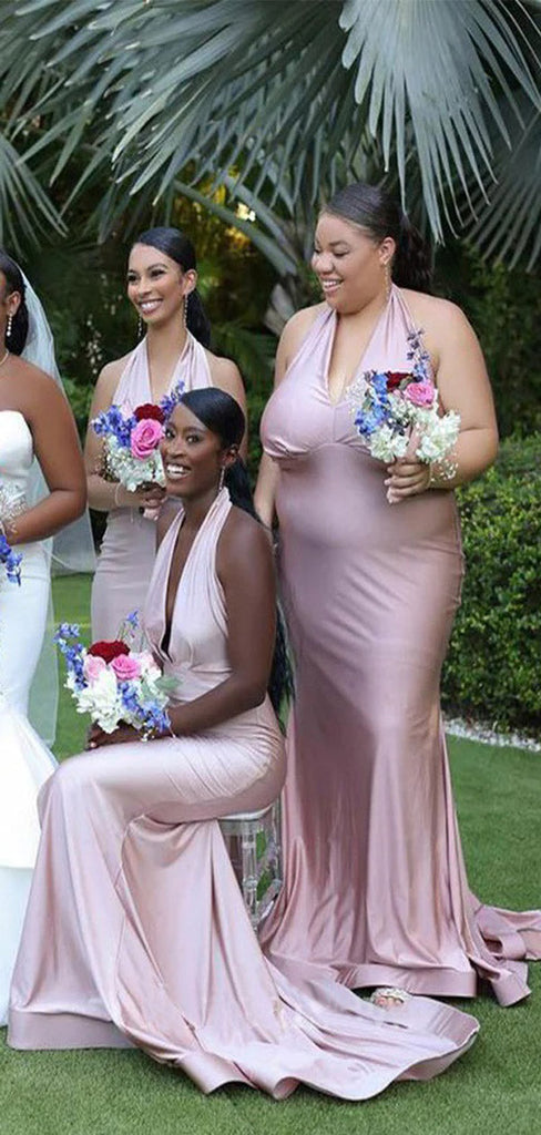 Mismatched Pink Mermaid Halter Maxi Long Wedding Guest Bridesmaid Dresses,WG1553