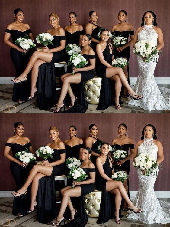 Mismatched Sexy Black Mermaid Side Slit Maxi Long Wedding Guest Bridesmaid Dresses,WG1555