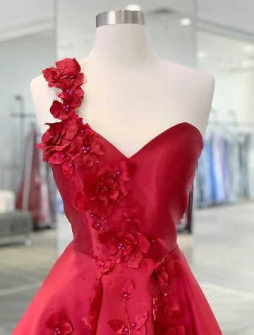 Red A-line Floral One Shoulder Short Prom Homecoming Dresses,CM960