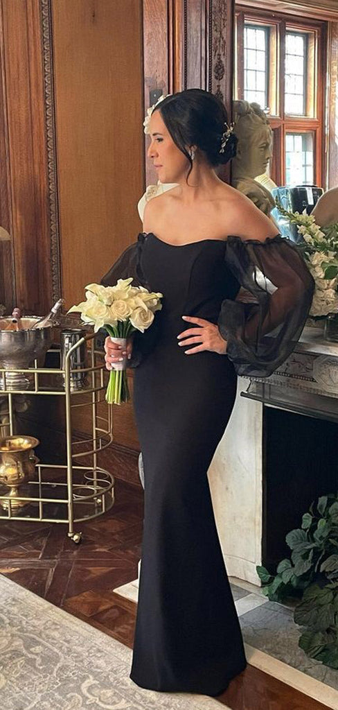 Sexy Black Mermaid Off Shoulder Long Sleeves Wedding Guest Bridesmaid Dresses,WG1529