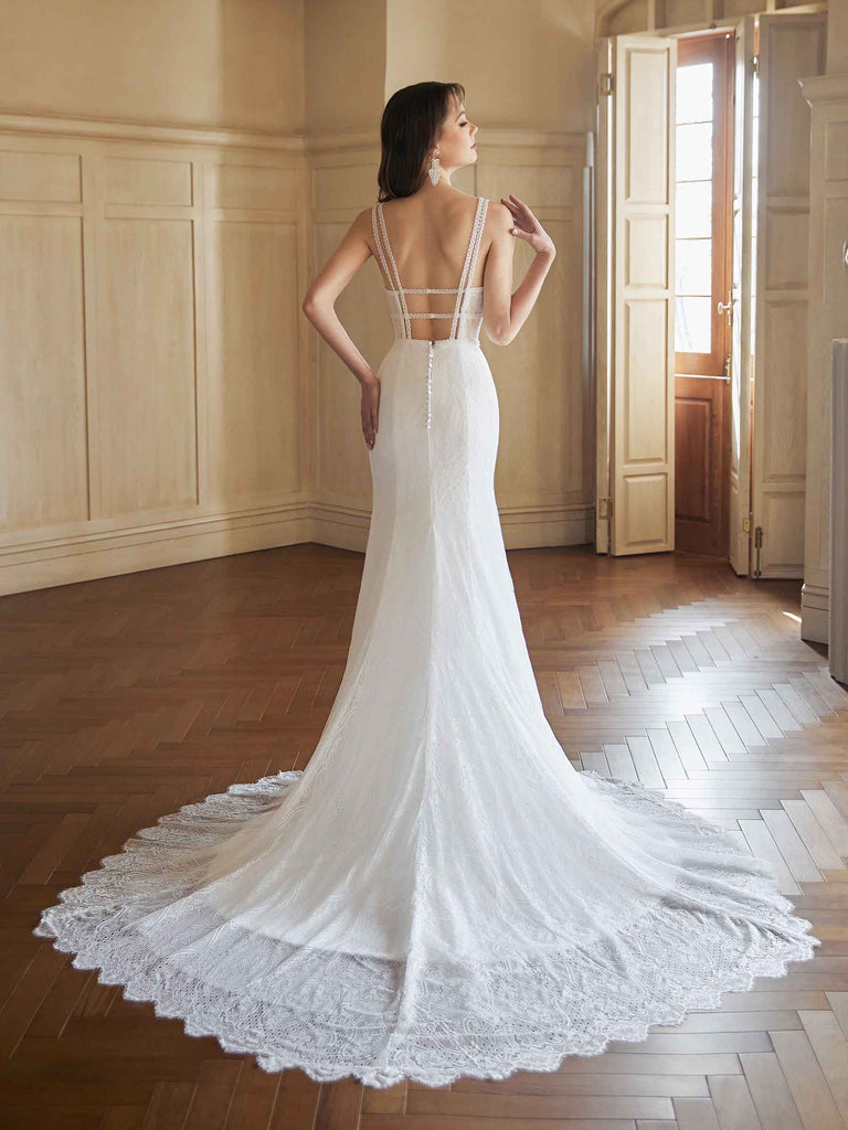 Sexy Mermaid V-neck Open Back Handmade Lace Wedding Dresses,WD797