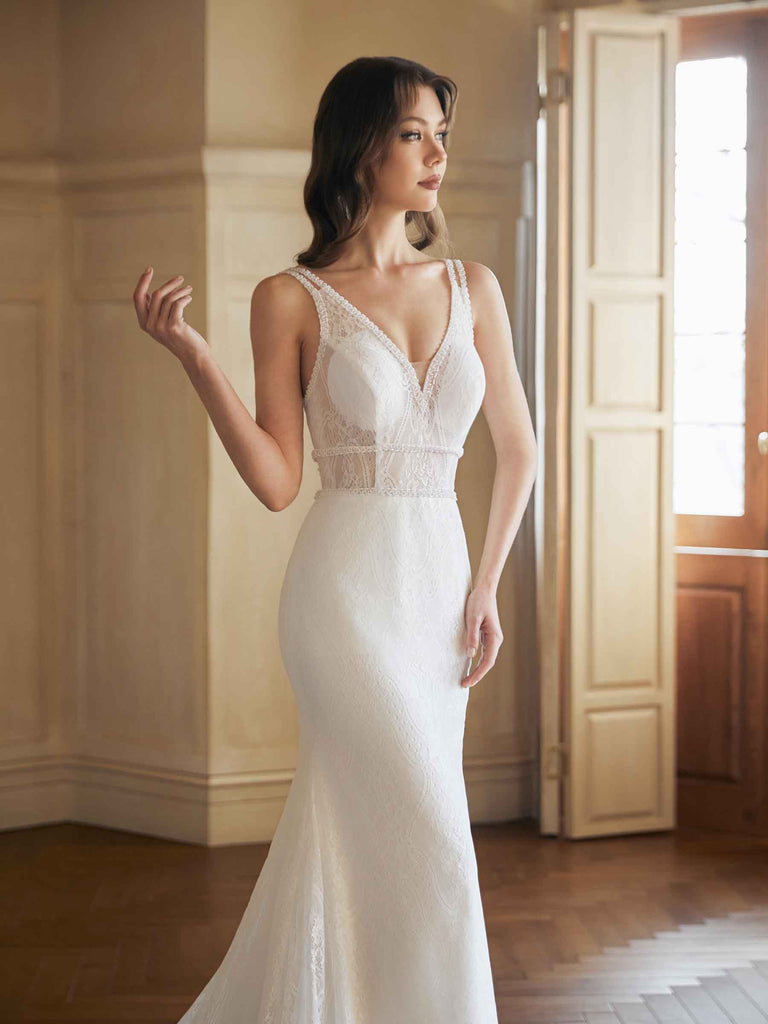 Sexy Mermaid V-neck Open Back Handmade Lace Wedding Dresses,WD797