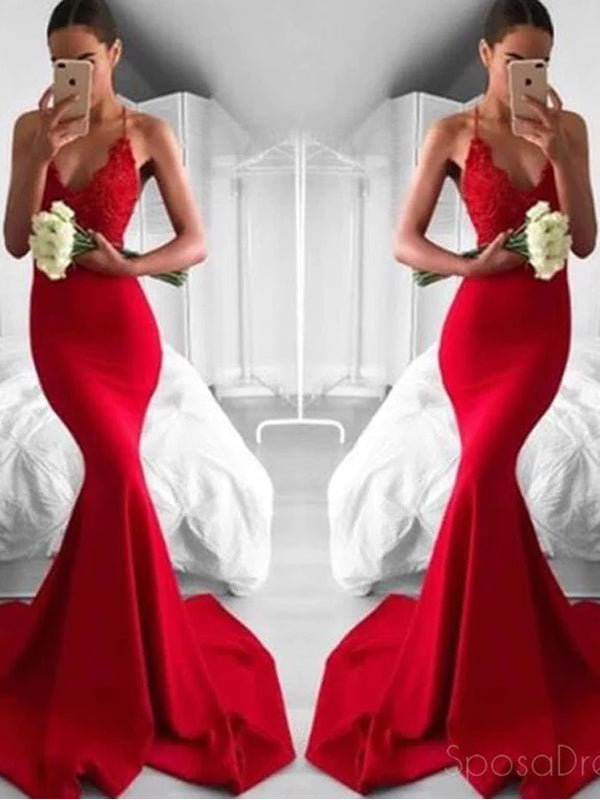 Sexy Red Mermaid Lace Evening Prom Dresses, Popular Bright Red Party Prom Dresses, Custom Long Prom Dresses, Cheap Formal Prom Dresses, 17197
