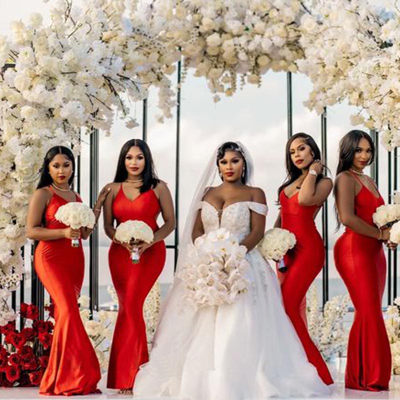 Sexy Red Mermaid Spaghetti Straps V-neck Maxi Long Bridesmaid Dresses,WG1520
