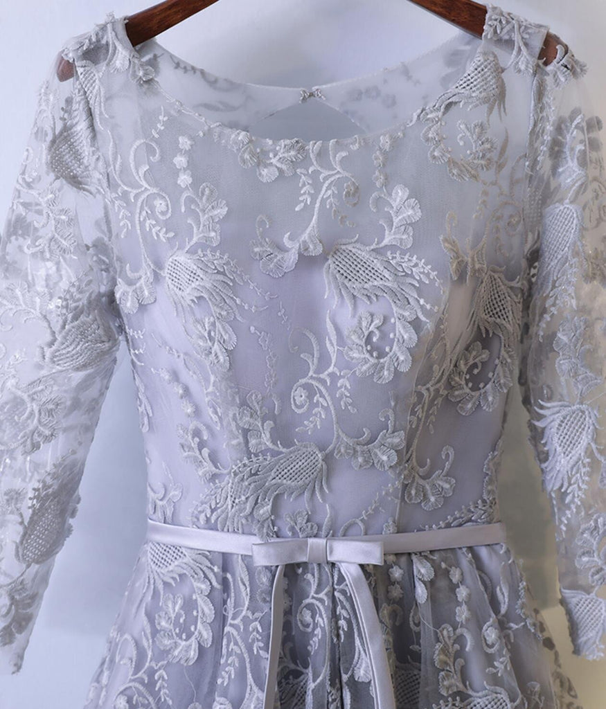 2017 Long Sleeve Gray Lace Round Neckline Homecoming Prom Dresses, Affordable Corset Back Short Party Prom Dresses, Perfect Homecoming Dresses, CM250