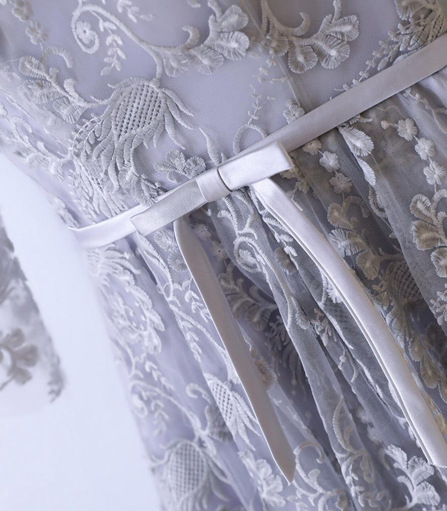 2017 Long Sleeve Gray Lace Round Neckline Homecoming Prom Dresses, Affordable Corset Back Short Party Prom Dresses, Perfect Homecoming Dresses, CM250