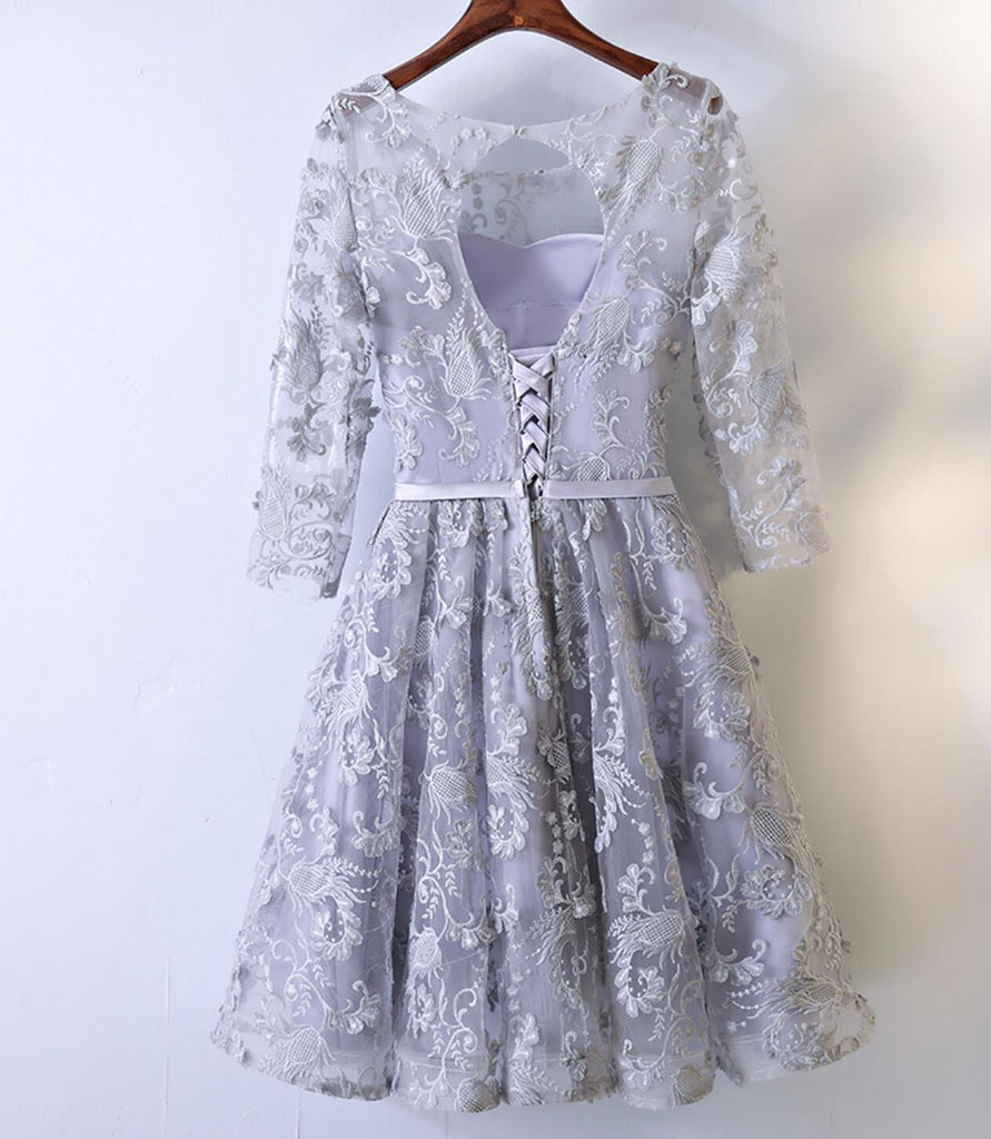 2017 Long Sleeve Gray Lace Round Neckline Homecoming Prom Dresses, Affordable Corset Back Short Party Prom Dresses, Perfect Homecoming Dresses, CM250