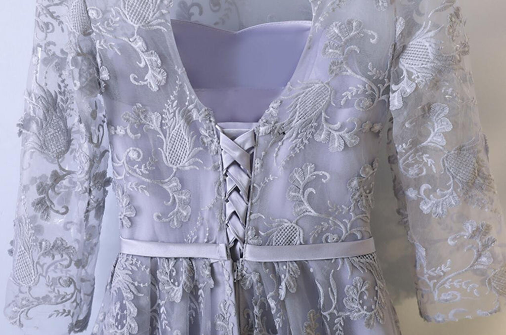 2017 Long Sleeve Gray Lace Round Neckline Homecoming Prom Dresses, Affordable Corset Back Short Party Prom Dresses, Perfect Homecoming Dresses, CM250