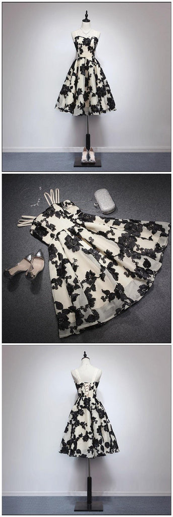 Black Lace Spaghetti Straps Cute Homecoming Prom Dresses, Affordable Short Party Prom Sweet 16 Dresses, Perfect Homecoming Cocktail Dresses, CM343