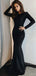 Black Mermaid Long Sleeves Jewel Open Back Cheap Long Prom Dresses,12697