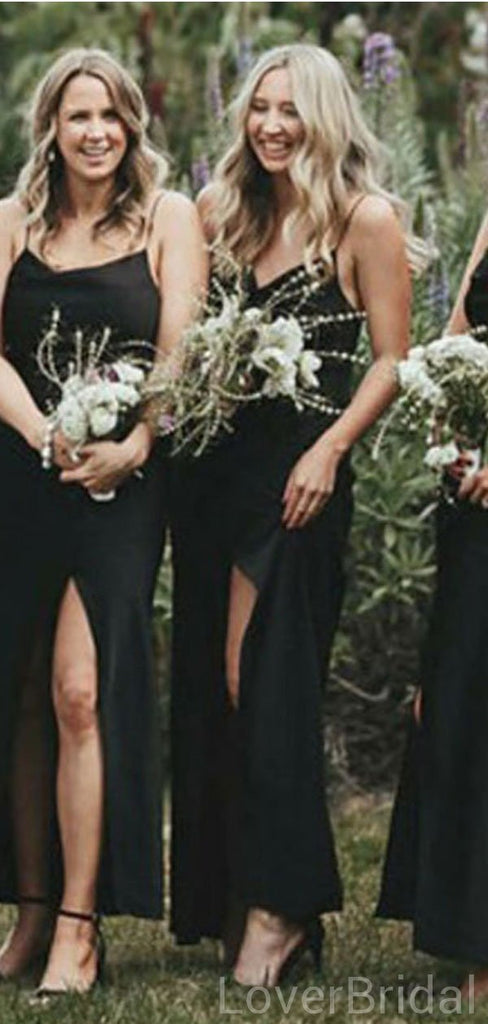 Black Mermaid Side Slit Spaghetti Straps Long Cheap Bridesmaid Dresses Online, WG615