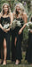 Black Mermaid Side Slit Spaghetti Straps Long Cheap Bridesmaid Dresses Online, WG615