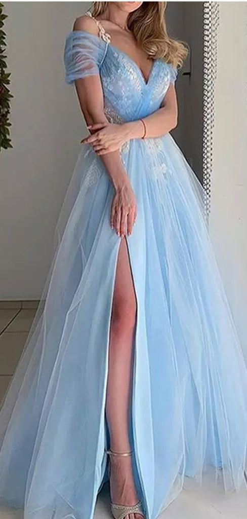 Blue A-line Off Shoulder High Slit Long Prom Dresses,Evening Dresses,12899