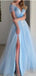Blue A-line Off Shoulder High Slit Long Prom Dresses,Evening Dresses,12899