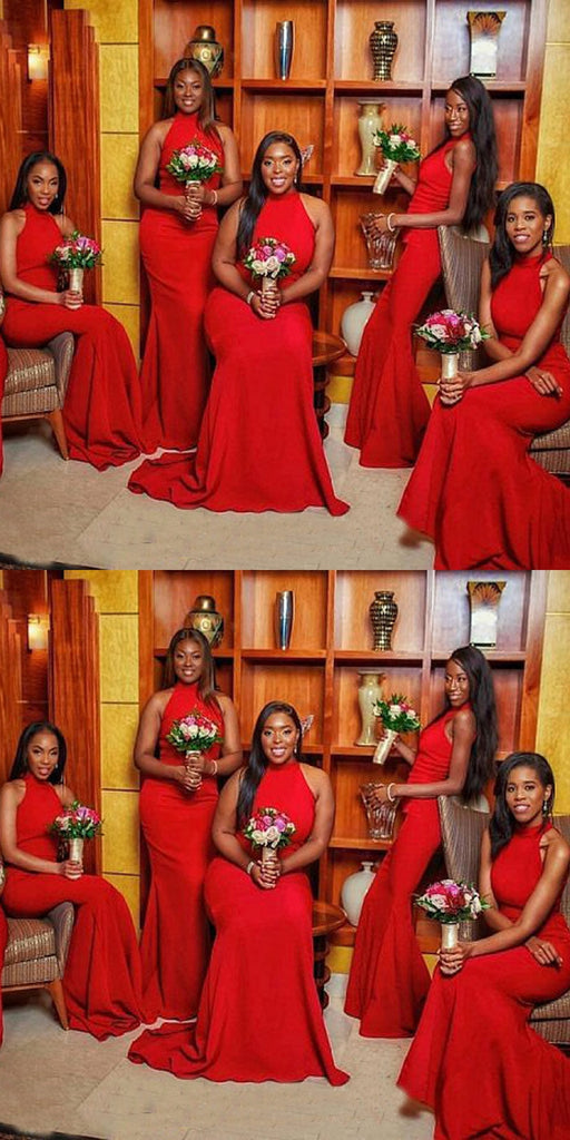 Bright Red Mermaid Halter Cheap Long Bridesmaid Dresses,WG1352