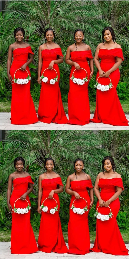 Bright Red Mermaid One Shoulder Cheap Long Bridesmaid Dresses, WG1452
