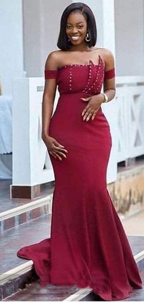 Burgundy Mermaid Off Shoulder Cheap Long Bridesmaid Dresses,WG1320