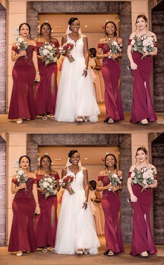 Burgundy Mermaid Off Shoulder Side Slit Cheap Long Bridesmaid Dresses,WG1436