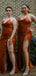 Burnt Orange Mermaid Halter High Slit Cheap Long Bridesmaid Dresses,WG1114