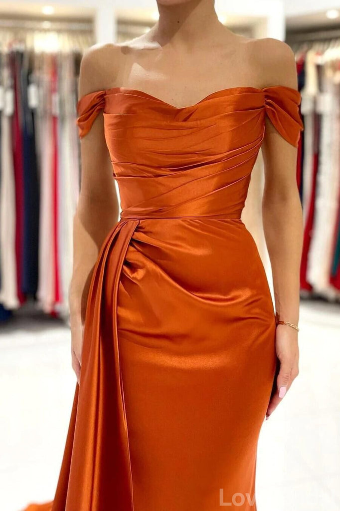 Burnt Orange Mermaid Off Shoulder High Slit Cheap Bridesmaid Dresses,WG1087