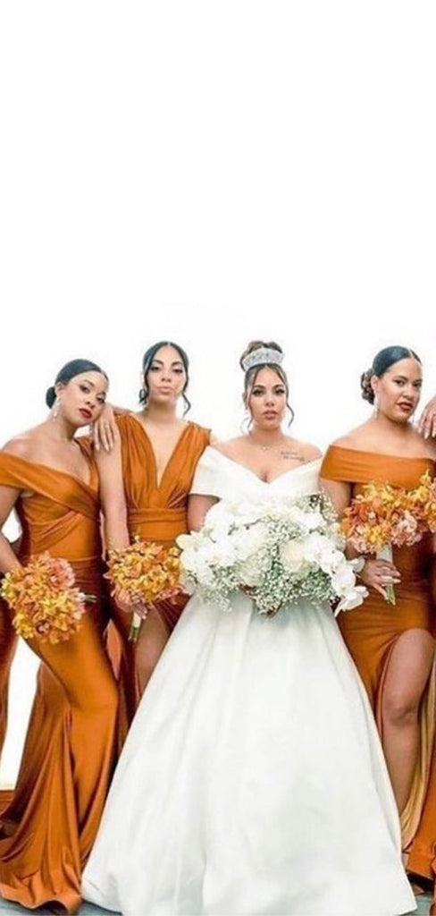 Burnt Orange Mermaid Off Shoulder High Slit Long Bridesmaid Dresses Gown Online,WG940