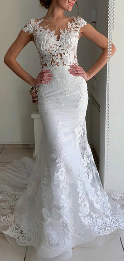 Cap Sleeves Floral Mermaid Handmade Lace Wedding Dresses,WD759