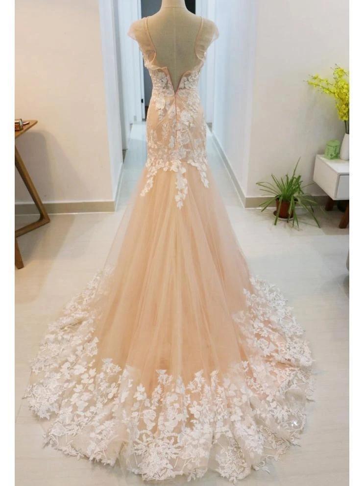 Cap Sleeves Lace Mermaid Wedding Dresses Online, Cheap Bridal Dresses, WD644