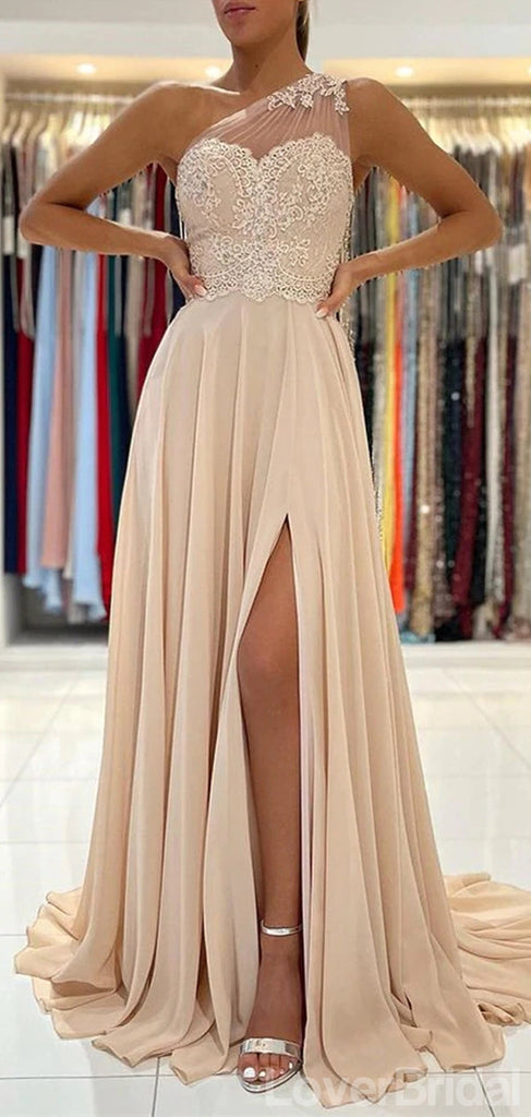 Champagne A-line One Shoulder High Slit Long Prom Dresses Online,12648