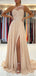 Champagne A-line One Shoulder High Slit Long Prom Dresses Online,12648