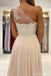 Champagne A-line One Shoulder High Slit Long Prom Dresses Online,12648