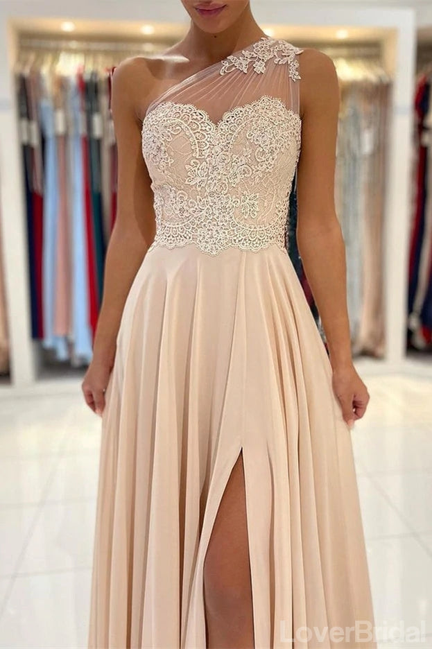 Champagne A-line One Shoulder High Slit Long Prom Dresses Online,12648