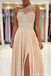Champagne A-line One Shoulder High Slit Long Prom Dresses Online,12648