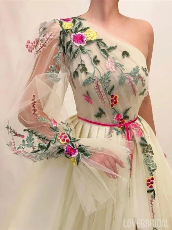 Champagne A-line One Shoulder Long Sleeves Cheap Prom Dresses Online,12612