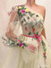 Champagne A-line One Shoulder Long Sleeves Cheap Prom Dresses Online,12612