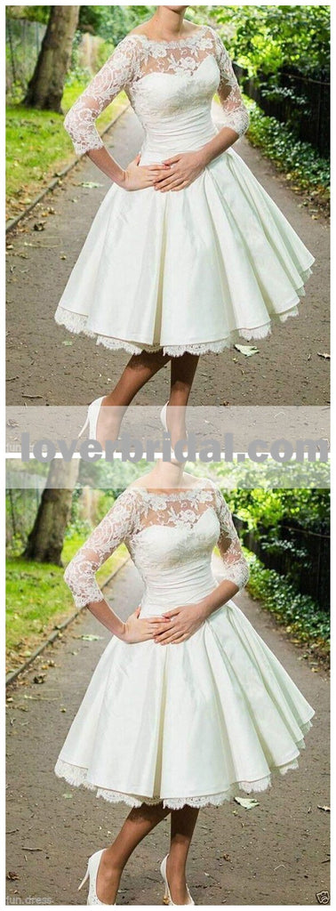 Cheap Long Sleeve Lace Illusion Short Wedding Dresses Online, WD333