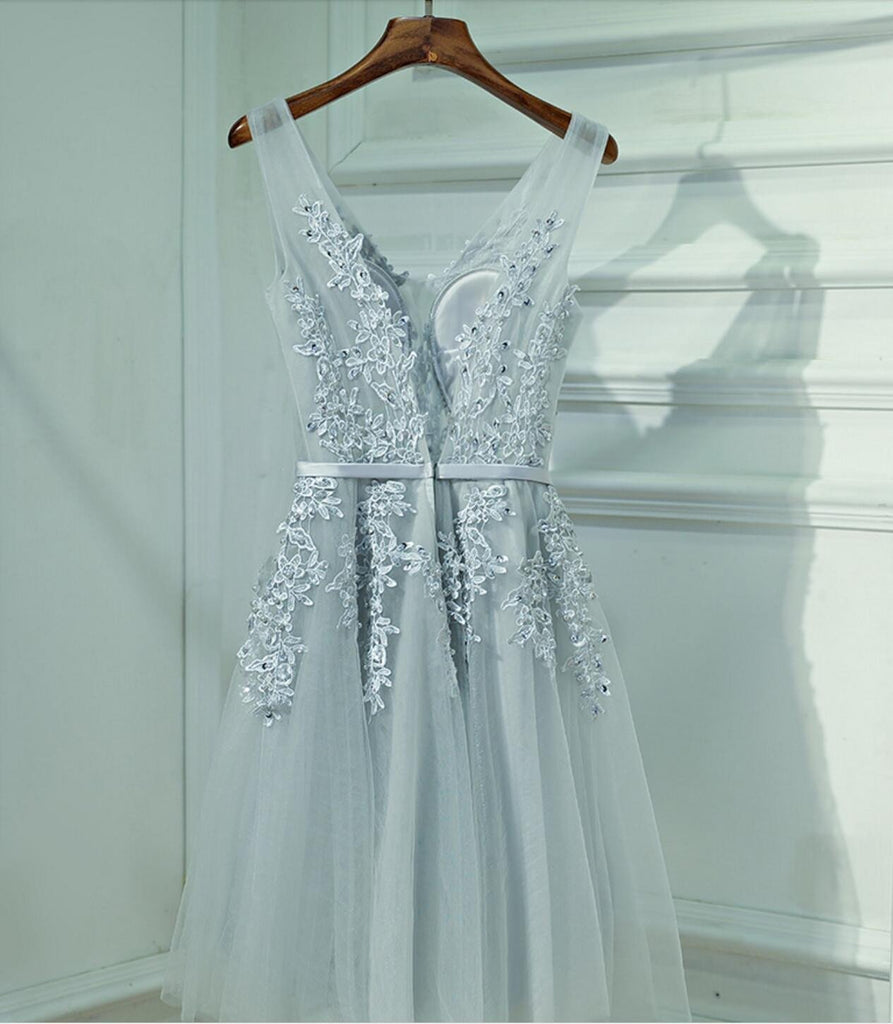 Cute Gray Lace v Neckline Short Homecoming Prom Dresses, Affordable Corset Back Short Party Prom Dresses, Perfect Homecoming Dresses, CM247