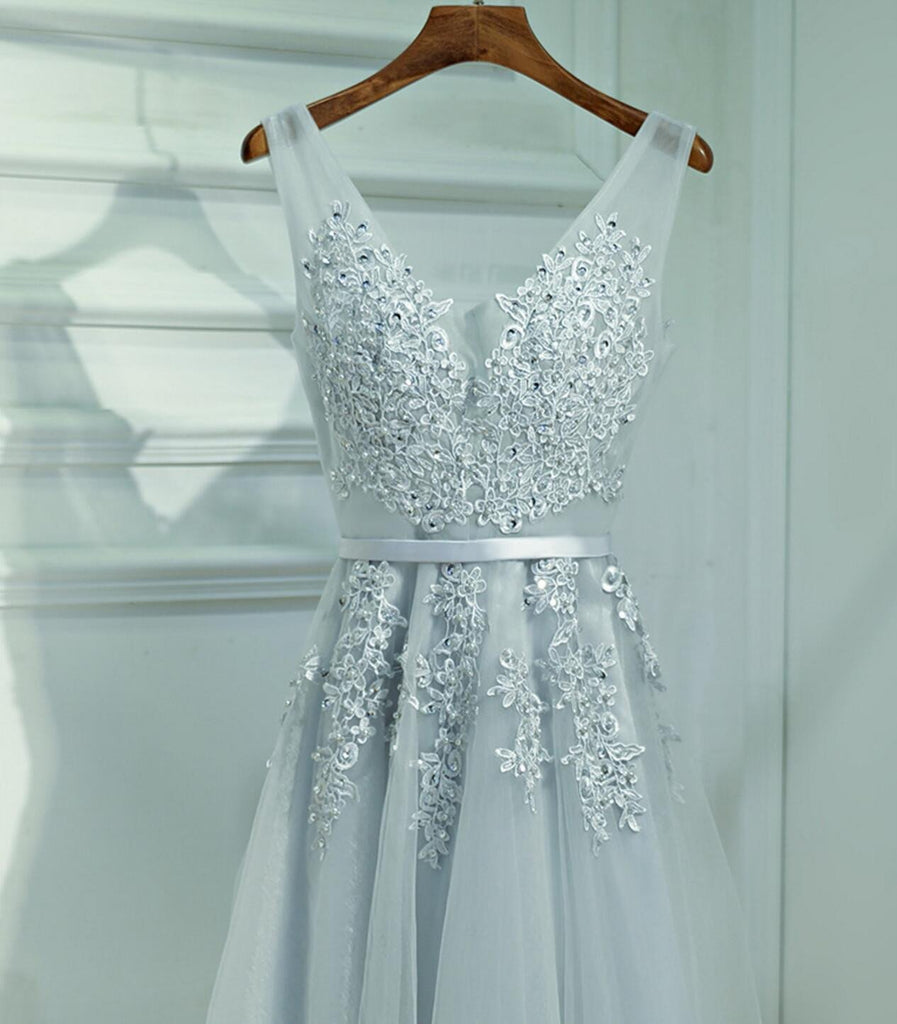 Cute Gray Lace v Neckline Short Homecoming Prom Dresses, Affordable Corset Back Short Party Prom Dresses, Perfect Homecoming Dresses, CM247