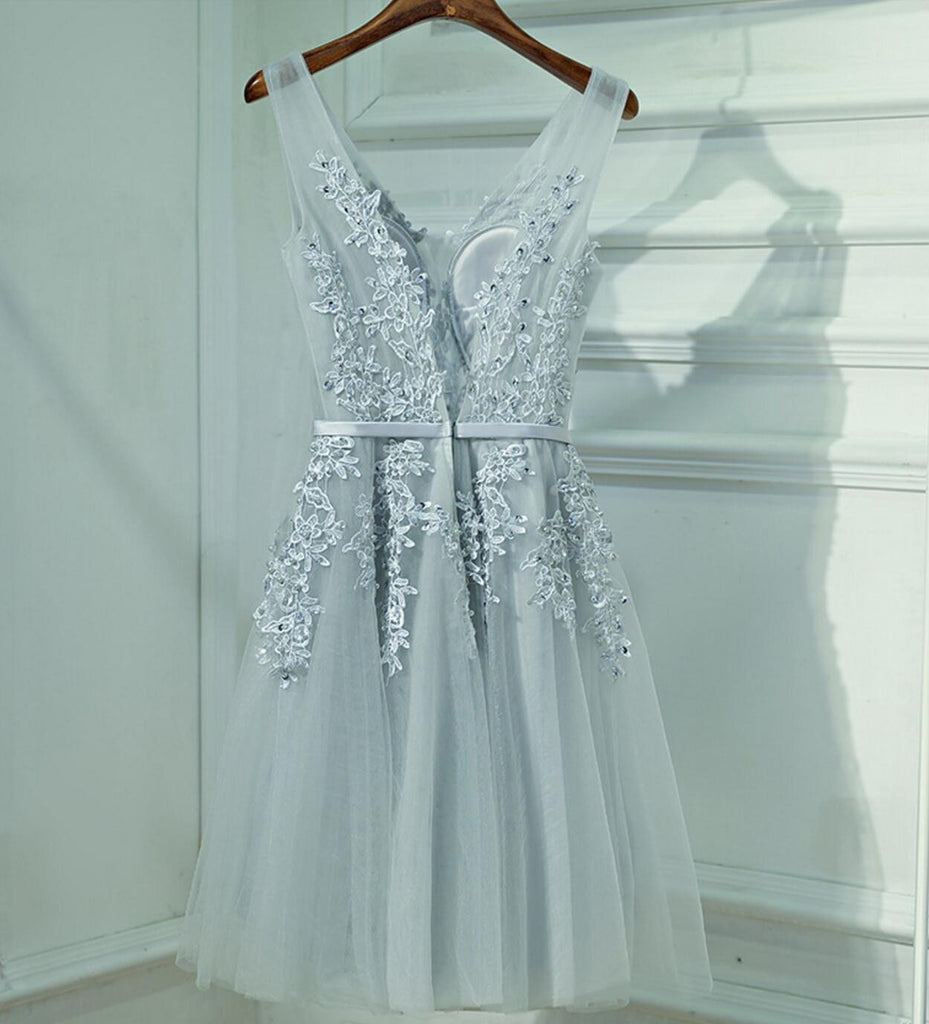 Cute Gray Lace v Neckline Short Homecoming Prom Dresses, Affordable Corset Back Short Party Prom Dresses, Perfect Homecoming Dresses, CM247