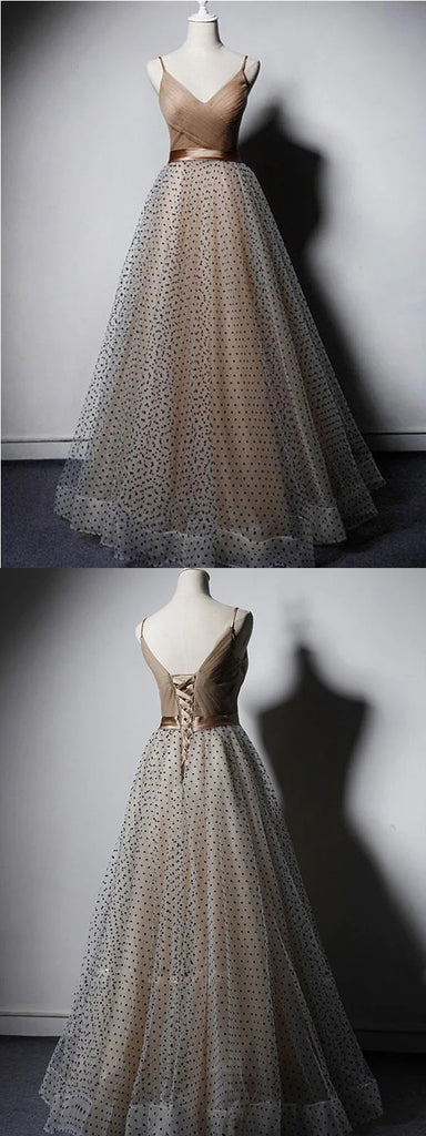 Cute Spaghetti Straps A-line V-neck Cheap Long Prom Dresses,12799