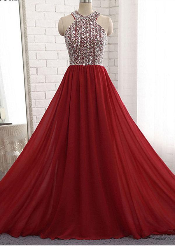 Dark Red Halter Chiffon Beaded A line Long Custom Evening Prom Dresses, 17416