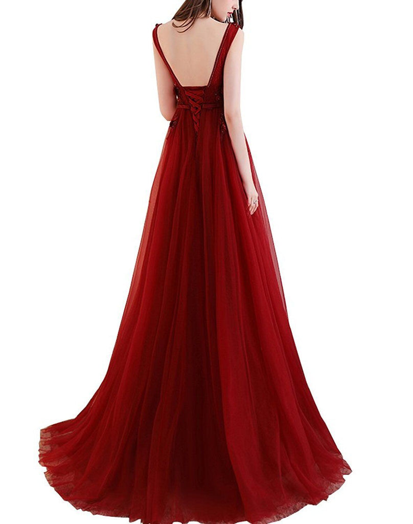 Dark Red Sexy Deep V Neckline Lace Beaded Long Evening Prom Dresses, Popular Cheap Long Party Prom Dresses, 17300