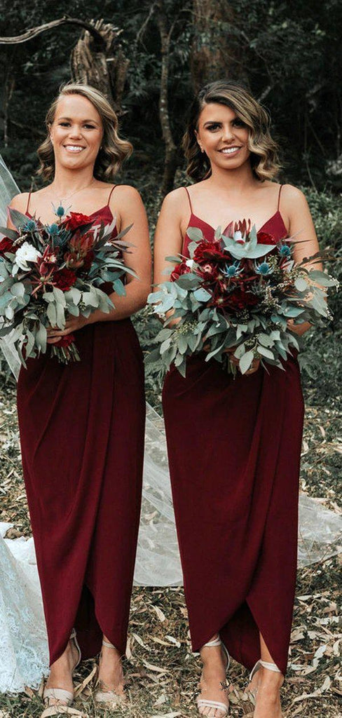 Dark Red Spaghetti Straps Cheap Ankle Length Cheap Bridesmaid Dresses Online, WG677