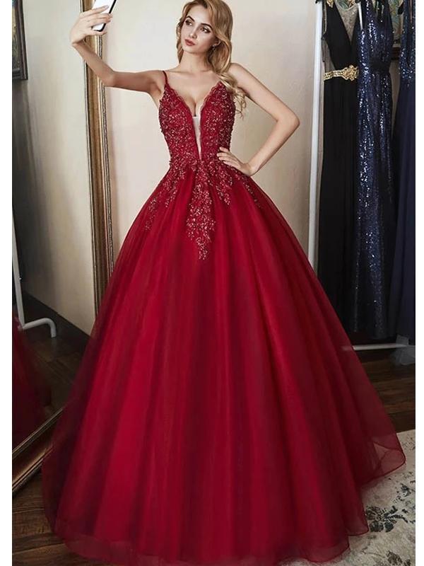 Dark Red Spaghetti Straps Lace Beaded A-line Long Evening Prom Dresses, Evening Party Prom Dresses, 12315