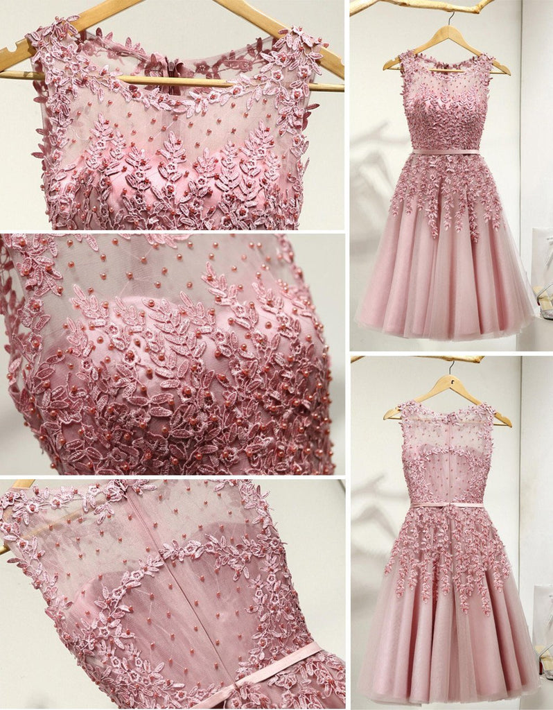 Dusty Pink Lace Beaded See Through Homecoming Prom Dresses, Affordable Short Party Prom Dresses, Perfect Homecoming Dresses, CM267