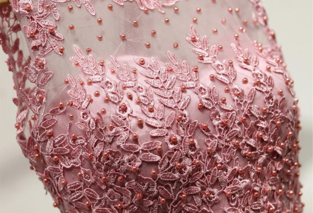 Dusty Pink Lace Beaded See Through Homecoming Prom Dresses, Affordable Short Party Prom Dresses, Perfect Homecoming Dresses, CM267
