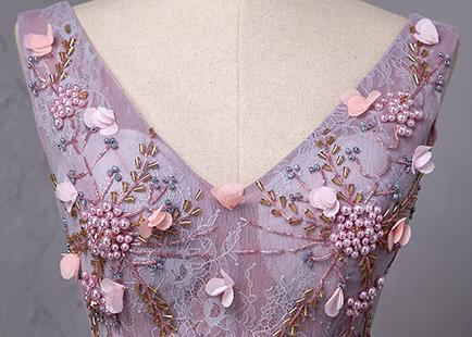 Dusty Purple V Neck A-line Tulle Long Evening Prom Dresses, 17615