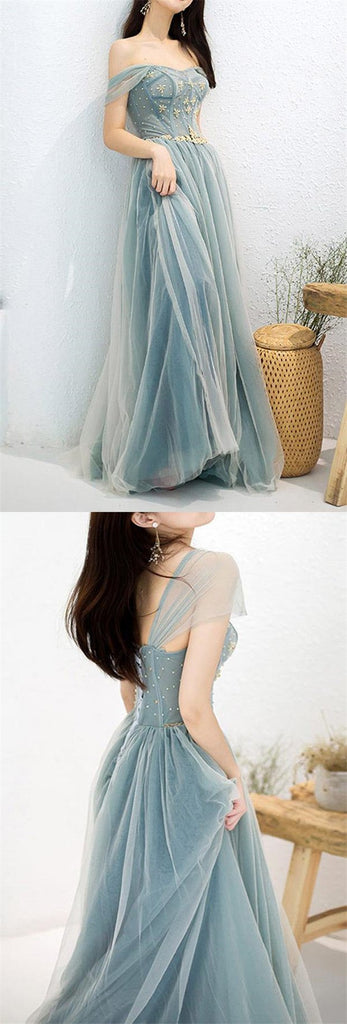Elegant Blue A-line Off Shoulder Long Prom Dresses Online,Evening Party Dresses,12515
