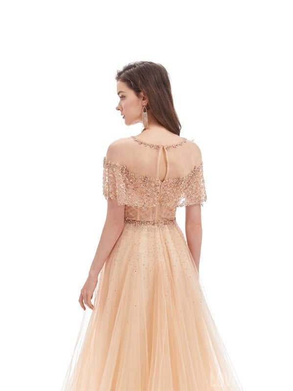 Elegant Champagne A-line Short Sleeves Long Prom Dresses Online,12583