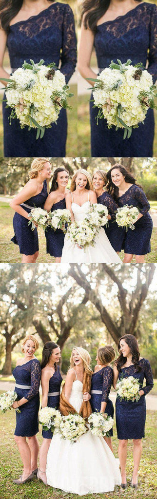 Elegant One Shoulder Long Sleeve Lace Navy Blue Knee Length Short Cheap Bridesmaid Dresses, WG128